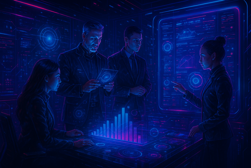 Quatro profissionais em um ambiente futurista de Transformação Digital estilo cyberpunk, interagindo com hologramas de dados neon e gráficos digitais